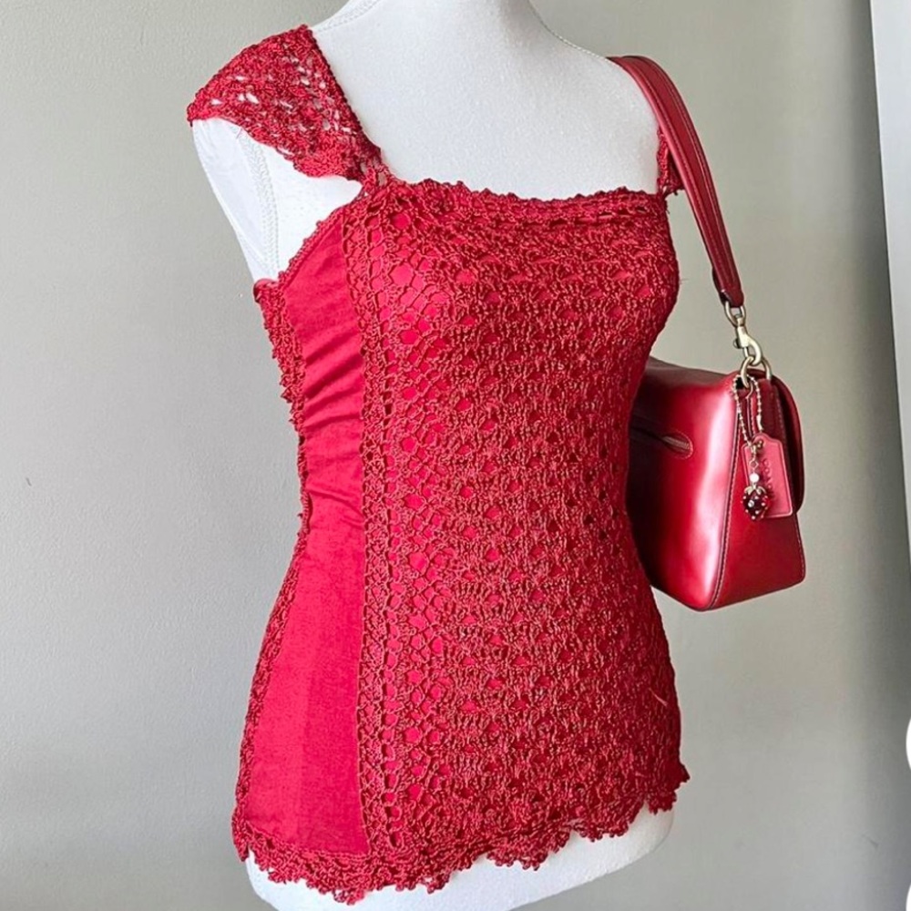 VTG Y2K Crochet Lace Red Blouse Top Sz XS